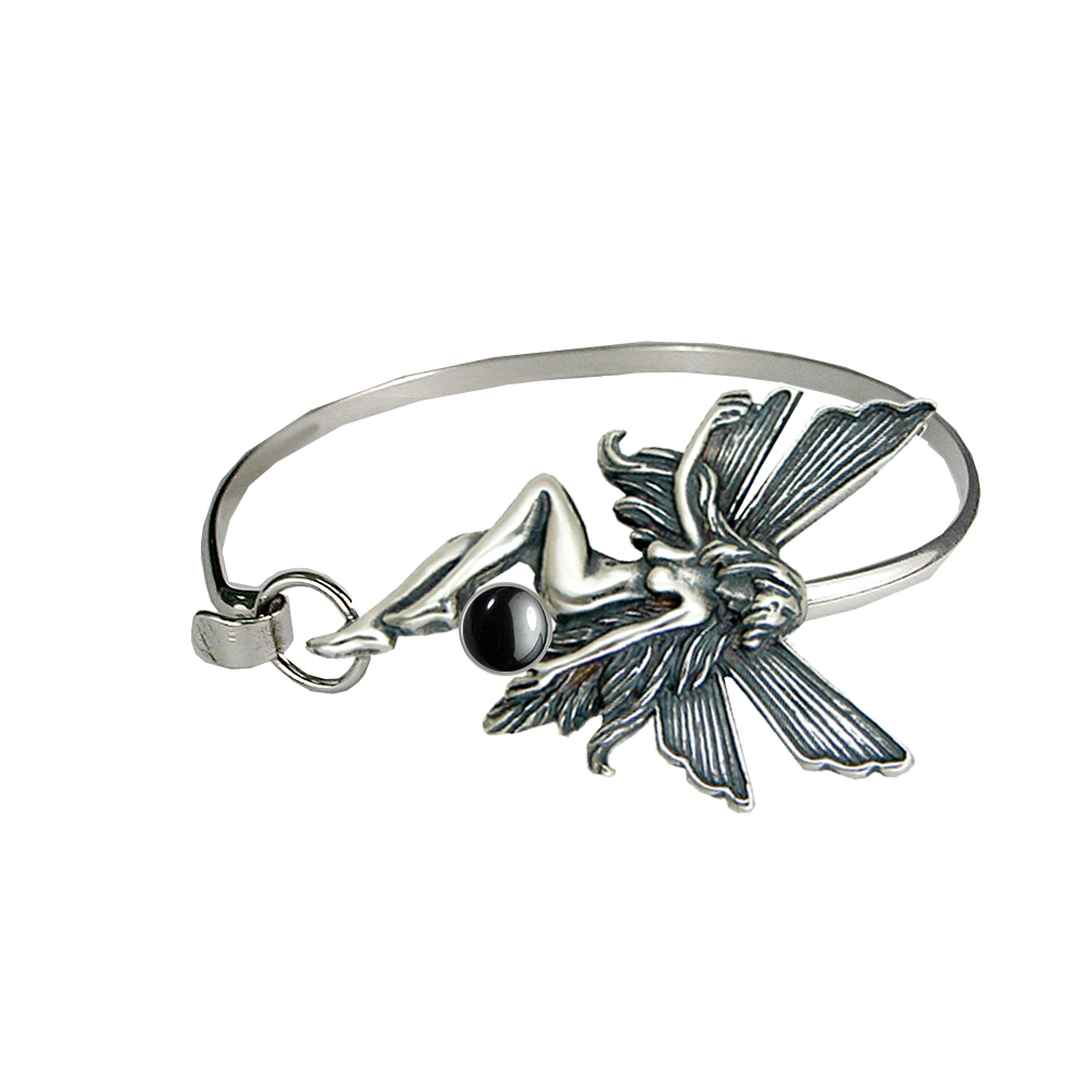 Sterling Silver Fairy Strap Latch Spring Hook Bangle Bracelet With Hematite